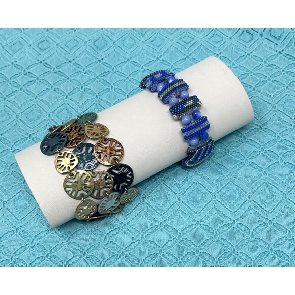 2 Handcrafted Bracelets: Mixed Metal Coin Design &‎ Blue Beaded - Picture 1 of 8
